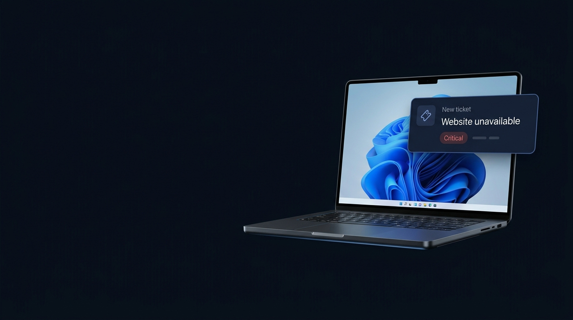 A laptop running Windows with a new SysDesks ticket notification: Website unavailable, priority Critical