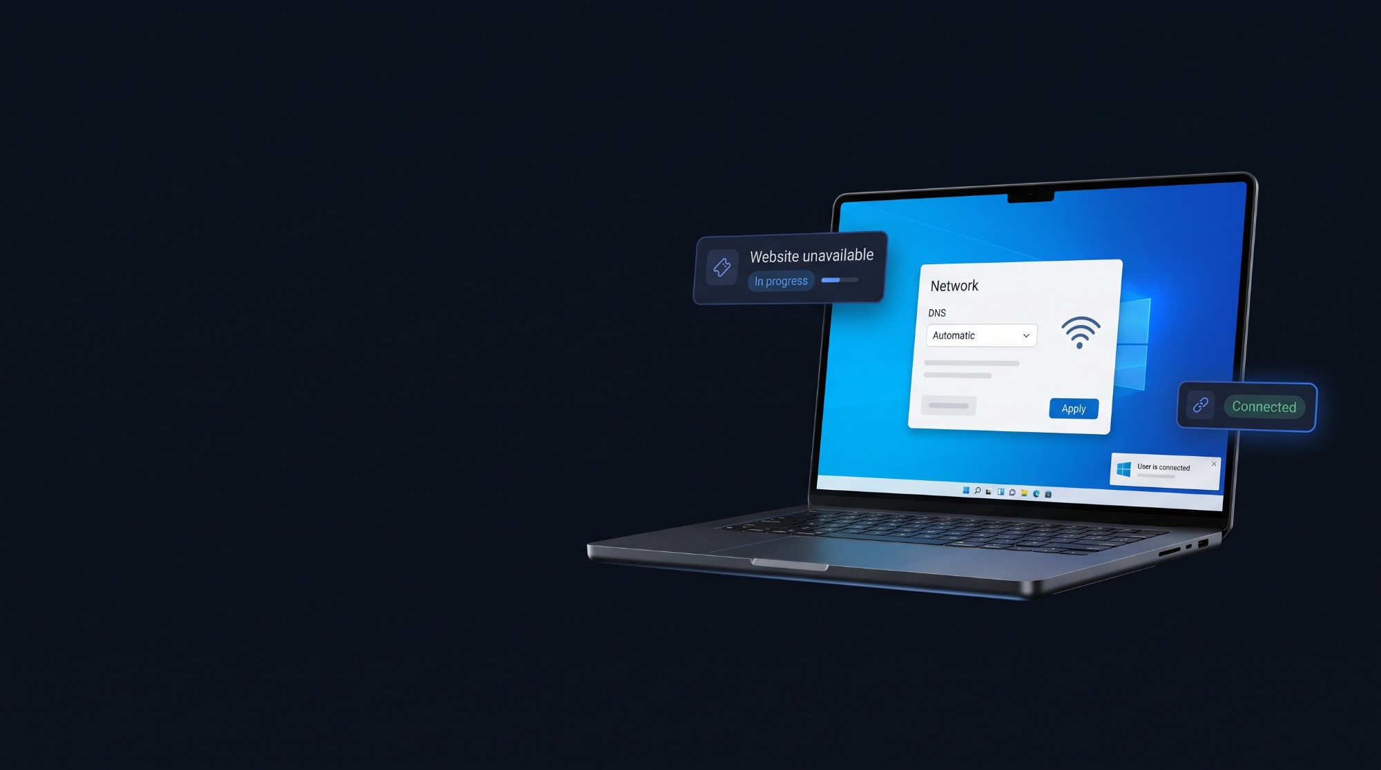 A remote session on the user's Windows laptop with Network settings open to correct the DNS setting, while the ticket shows In progress and Connected